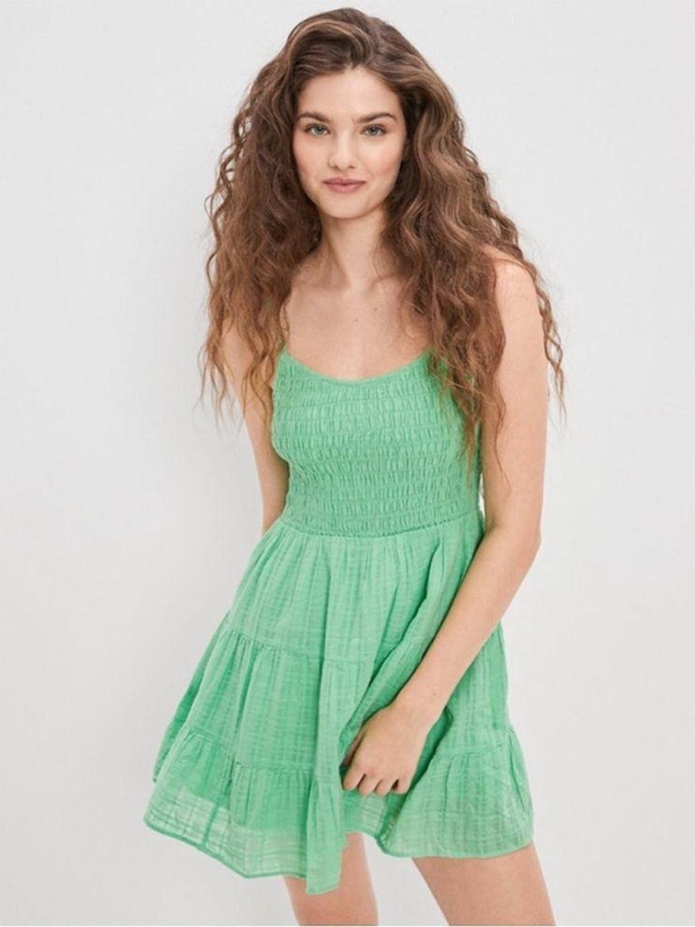 American Eagle Outfitters Green Smocked Tiered Mini Dress